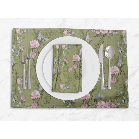 S4Sassy Green Blossom & Peony Floral Washable Placemats & Napkins Table Decor Dining Mats