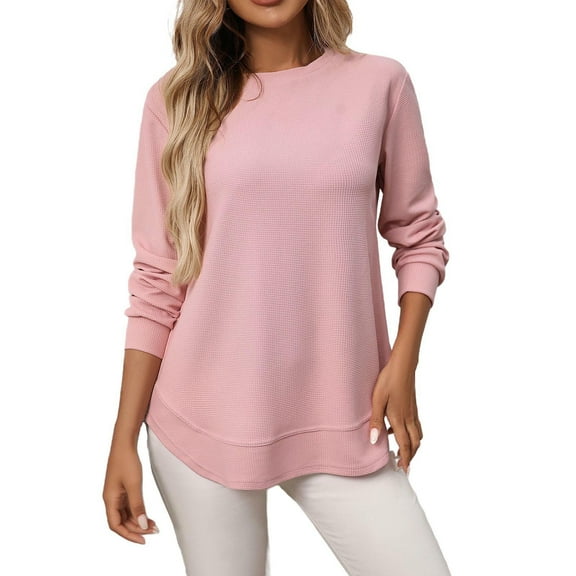 Loose Waffle Knit Blouses Womens Tops Crew Neck Long Sleeve Curved Hem Dressy Casual Shirts Business, Pink L