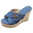 thumbnail image 5 of Rokment Womens Espadrilles Platform Wedge Sandals Trendy Casual Denim Leopard Buckles Open Toe Chunky High Heels Slip on Summer Dress Slides 2026 Blue Size 7, 5 of 6