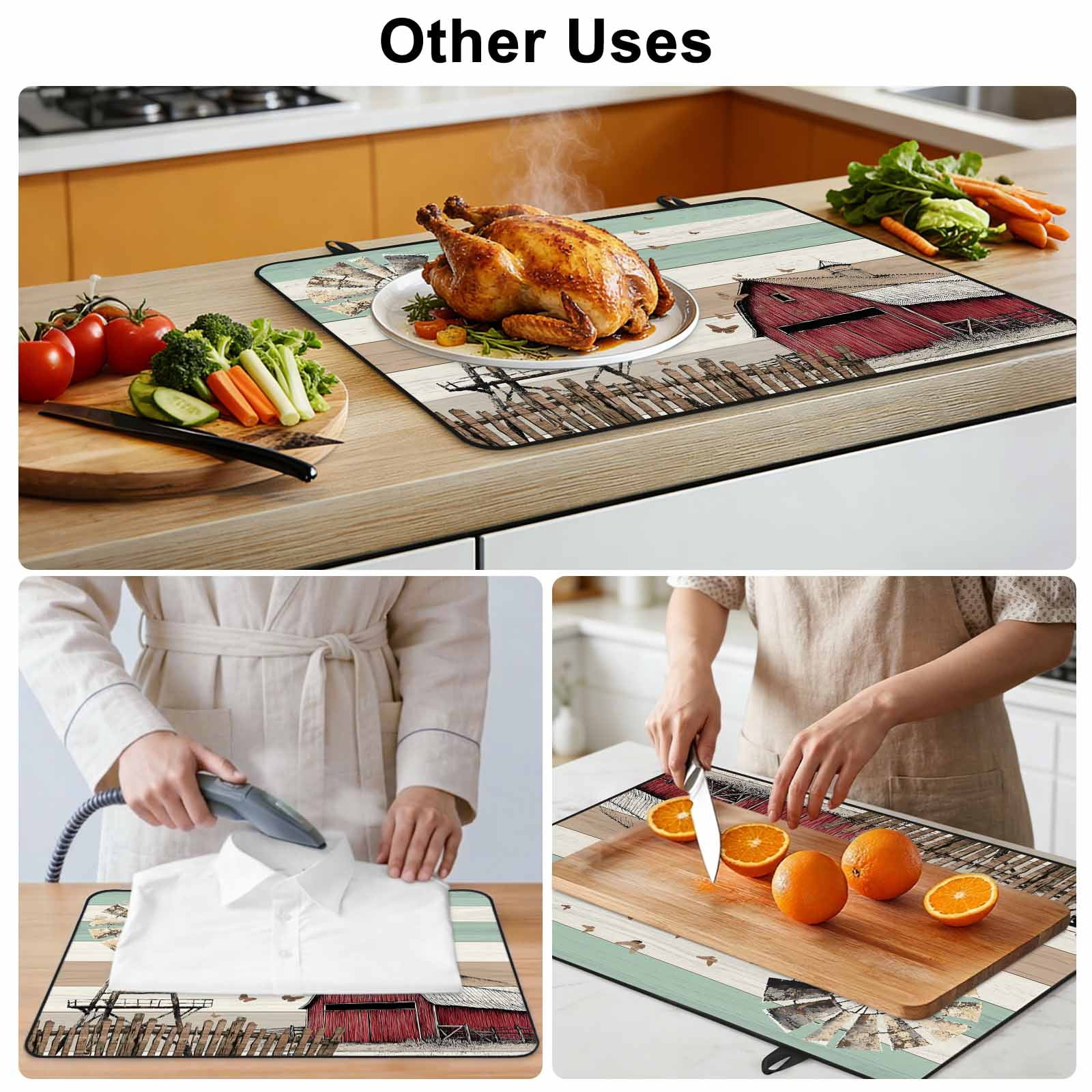 Windmill Farmhouse Stove Top Cover for Electric Stove, Heat-proof & Non Slip Glass Top Stove Cover Protector, Vintage Teal Brown Wooden Butterfly Kitchen Flat Cooktop Rubber Mat 24x21 Inches