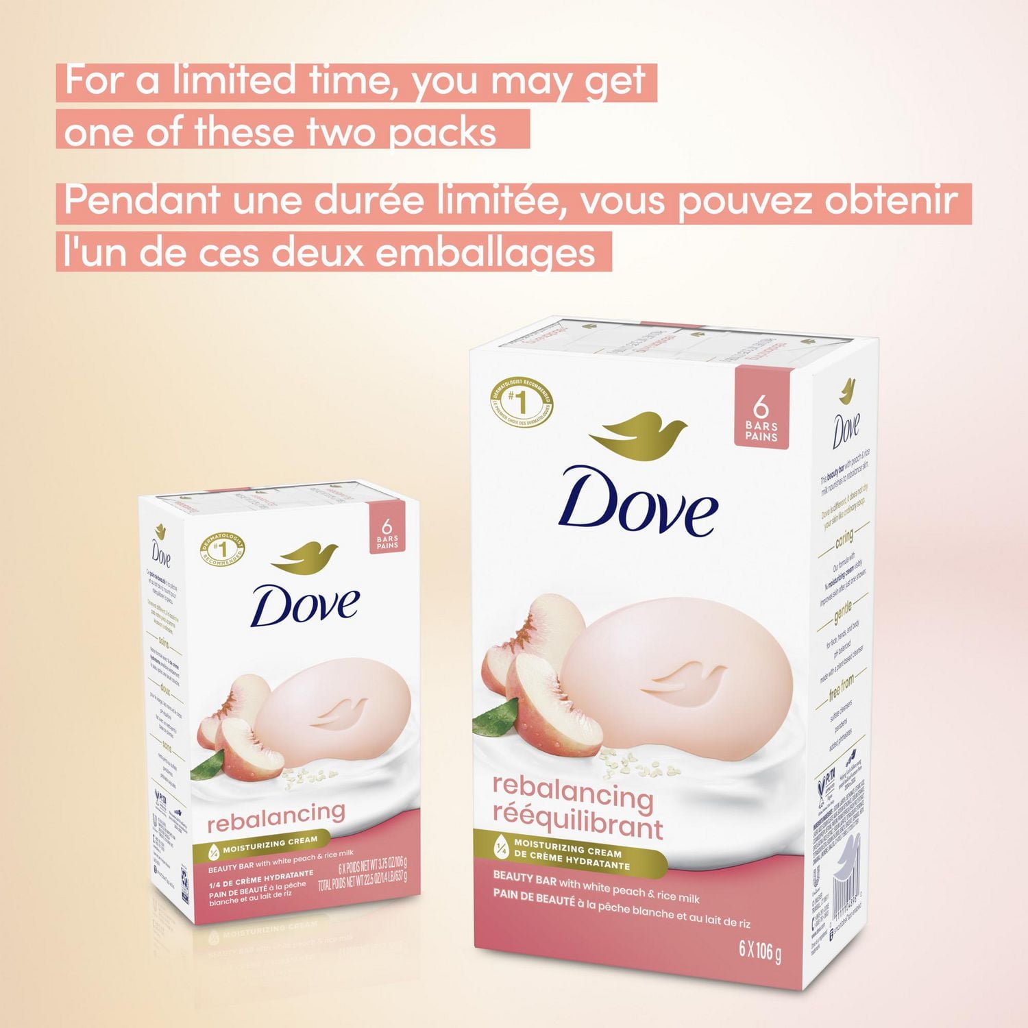 Dove Pain de Beauté Nettoyant Doux hydrate pour aider à rééquilibrer la peau Pêche et Lait de Riz avec 1/4 de crème hydratante,