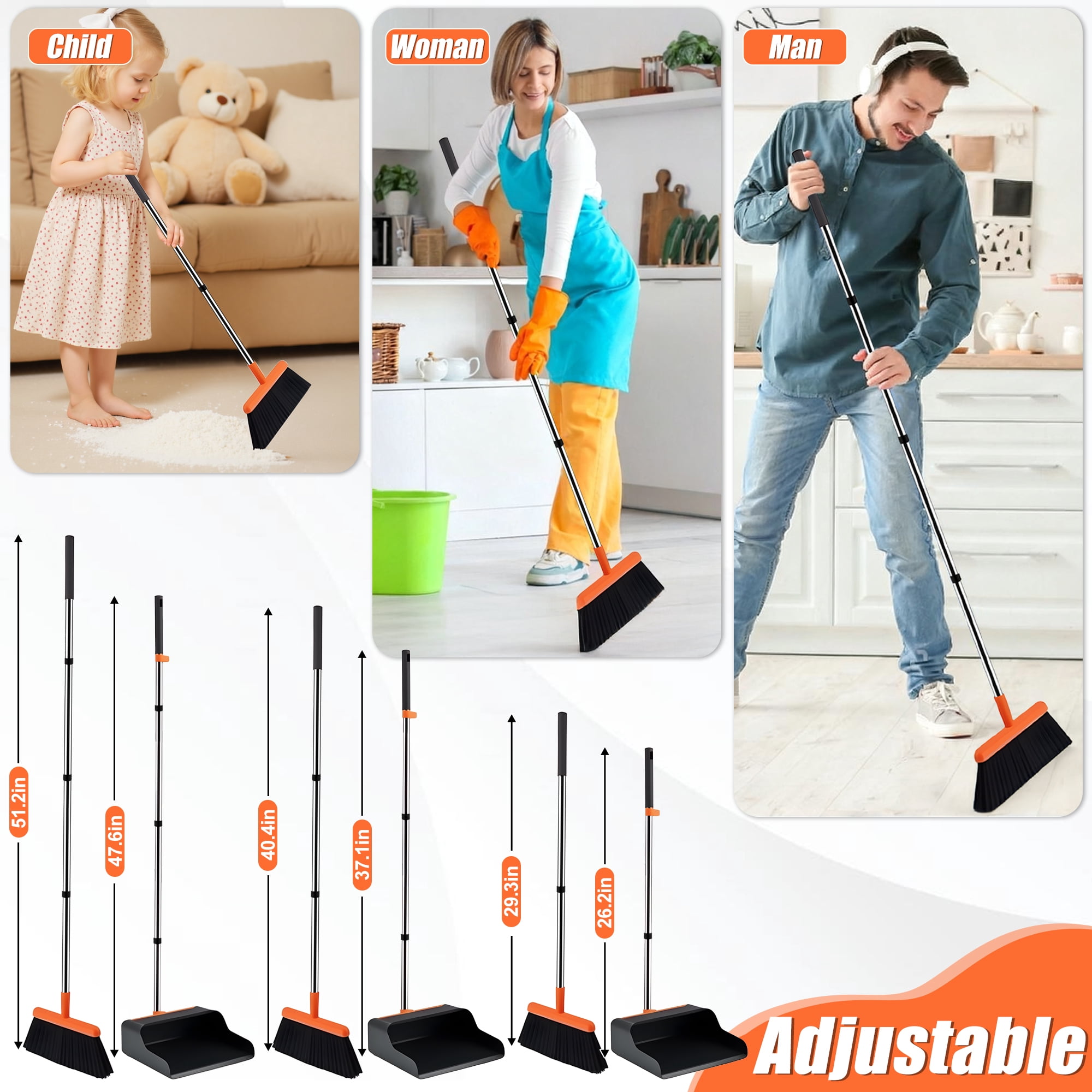 CISILOV Broom and Dustpan Combo Set with Extendable Long Handle up to 51.2", Self-Cleaning Dustpan Teeth for Pet Hair, Upright Standing Brooms for Sweeping Indoor/Outdoor/Home/Office
