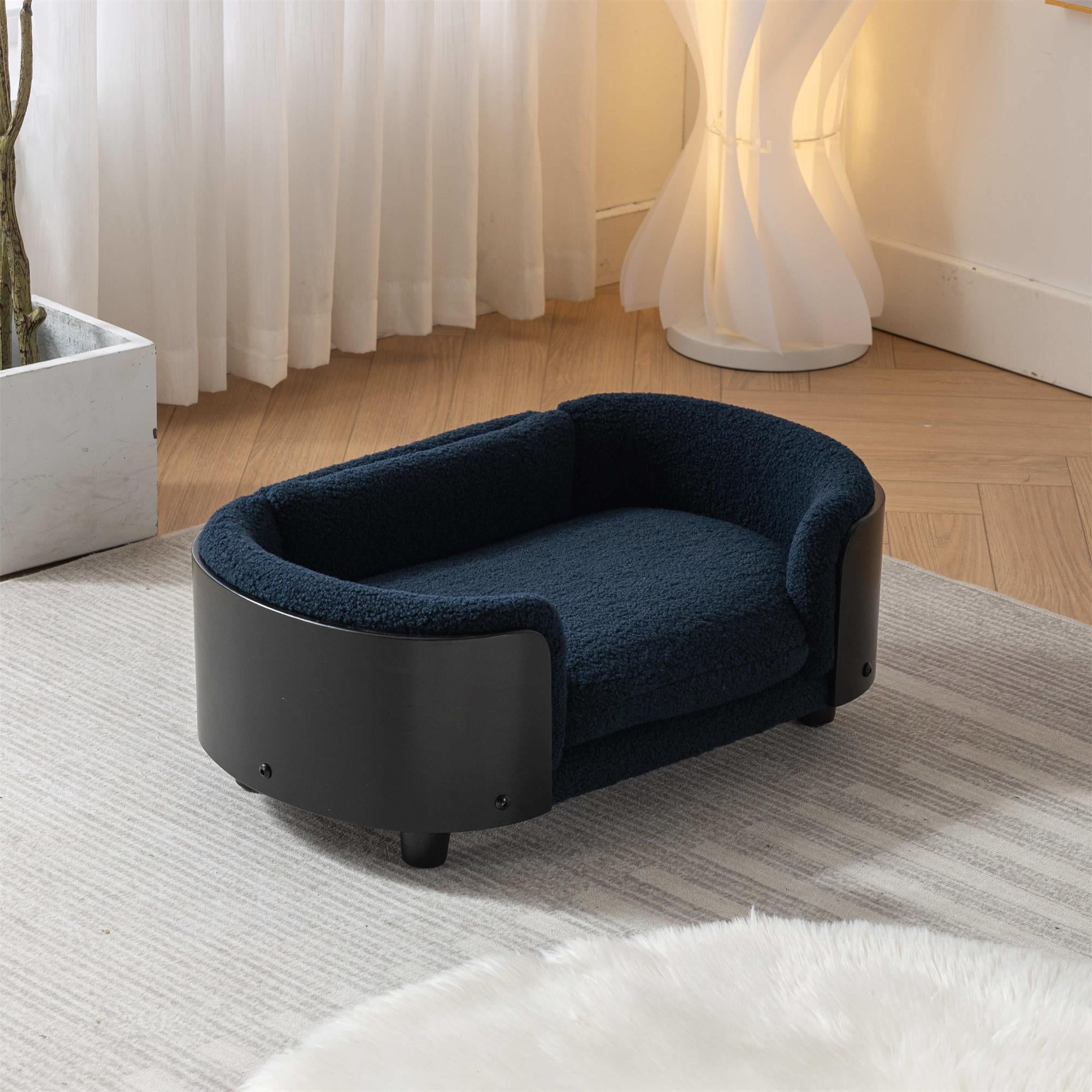 Pefilos 26" Elevated Pet Dog Bed with Solid Wood Legs and Black Bent Wood Back, Cashmere Cushion, Pet Sofa for Indoors Dogs, Dark Blue Pefilos 26" Elevated Pet Dog Bed with Solid Wood Legs and Black Bent Wood Back, Cashmere Cushion, Pet Sofa for Indoors Dogs, Dark Blue
