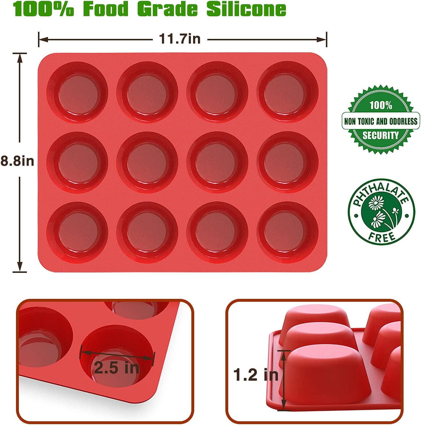 Silicone Muffin Pans Nonstick 12 Cup, 2.5 inch Silicone Cupcake