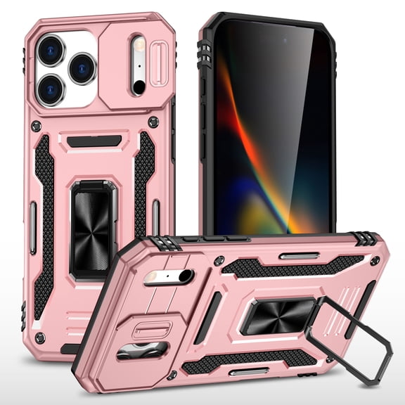 Rugged Case for iPhone 17 Pro Max, Ring Kickstand Camera Lens Sliding Cover Compatible with Magnetic Car Mount Military Grade Hybrid PC TPU Shockproof Case for iPhone 17 Pro Max, Rosegold