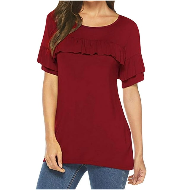 Moda mujer Casual cuello redondo jerseys manga corta volantes blusa camiseta Tops Pompotops hfajkhk126461