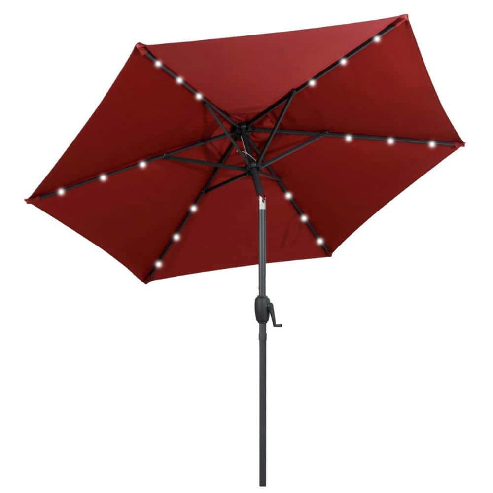 Spaco 7.5 Feet Solar Powered Patio Umbrella, Outdoor Shade with LED Lights and Crank Handle, Red