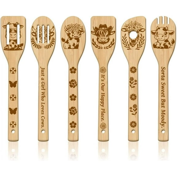 6Pcs Farm Cow Wooden Spoons Utensil Set Bamboo Carving Kitchen Cooking Utensils Wooden Engraved Cooking Spatula Set for Women and Men for Kitchen Fun House Warming Gift 1set DIY