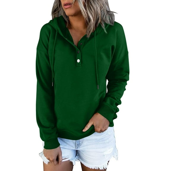 kytmyeq Women's Fashion Long Sleeve Solid Color Hooded Button Sweatshirt Top