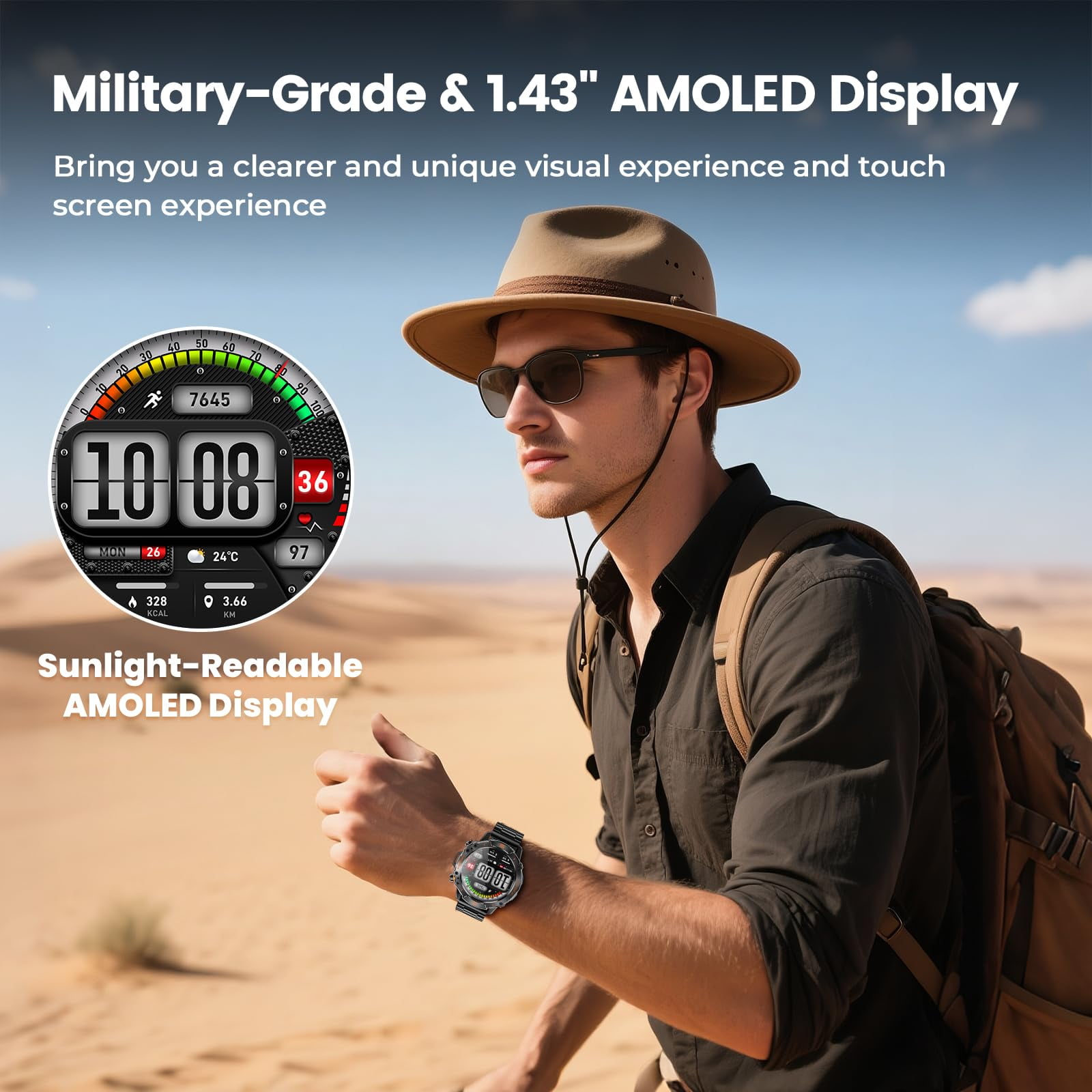 WalkerFit Smart Watch for Men, 1.43" Round AMOLED, 5ATM Waterproof, Long Battery, for iPhone Android, Stianless Steel Strap