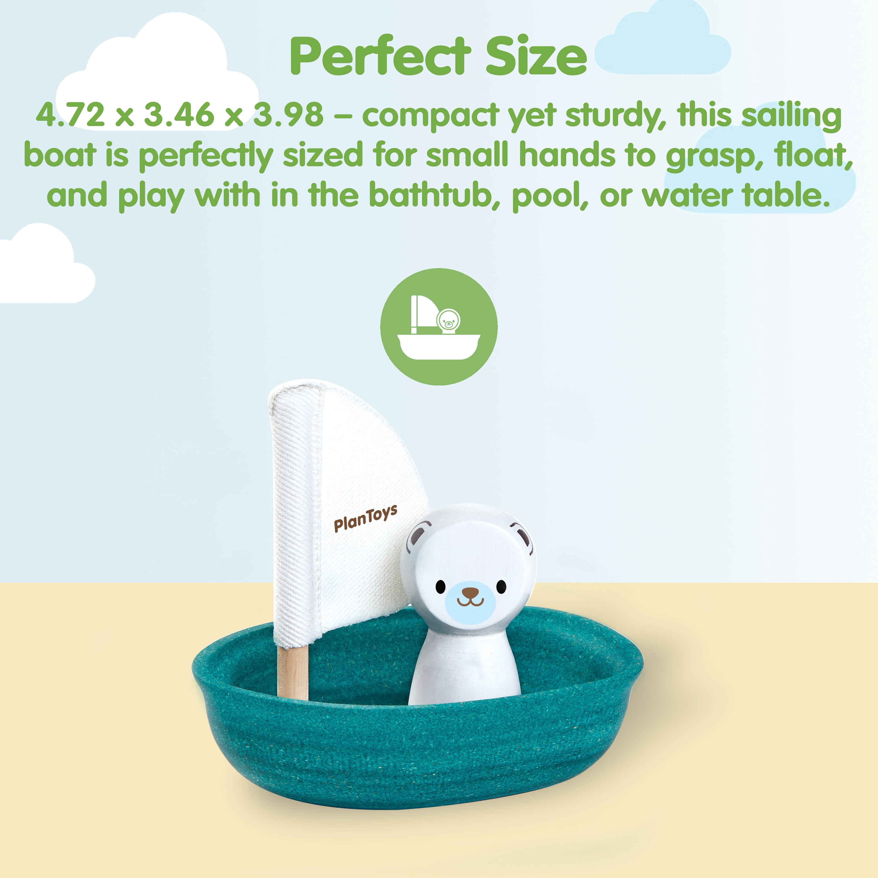 PlanToys® Polar Bear Sailing Boat Bath Toy for Toddlers | Montessori Wooden Water Toys for Kids | Eco-Friendly Floating Boat for Bathtub, Pool & Water Table