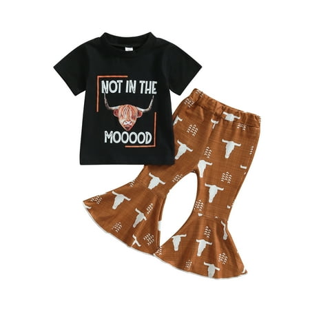 

Bagilaanoe 2Pcs Toddler Baby Girl Long Pants Set Letters Print Short Sleeve T-shirt Tops + Flare Trousers 6M 12M 18M 24M 3T 4T Kids Casual Outfits