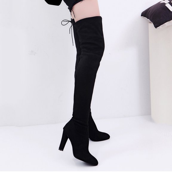 TIREOW Women's Over The Knee Stylish Thigh-High Chunky Heels Boots High Low Block Heel Riding Boots Platform Thigh High Round Toe Long Boots(Black,Gray )
