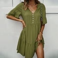 thumbnail image 3 of Women Casual Dresses Summer V-Neck Dress Short Sleeve Button Lace Loose Casual Dress Regular Size Polyester Fabric Wedding Embellished Dress Style-562 Green m, 3 of 7
