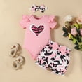 thumbnail image 6 of kaprioy Toddler Baby Girls Summer Outfits 0 3 6 9 12 18 Months Heart Pattern Ruffle Romper + Camouflage Bowknot Short + Headband Set Baby Girl Clothes, 6 of 6