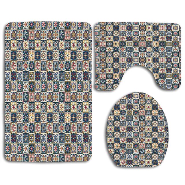 Juego de alfombras de baño ABPHQTO Azulejo Portugués Cuadrados Arreglo Floral Colorido 3 Piezas