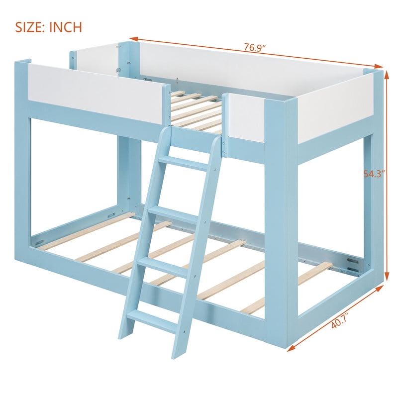 Twin-Over-Twin Low-Profile Bunk Bed with Guardrails, Wooden Kids Bed with Reversible Ladder, Accent Two-Tone Bed Frame