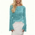 thumbnail image 7 of Lenpel Women's Sequin Crochet Tops Bell Long Sleeve Boat Neck Hollow out Sparkly Glitter Knitted Shirts Loose Cover up Blouses(Blue,Medium), 7 of 7