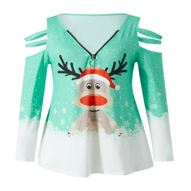 Femmes Noël T-shirt Manches Longues Col Rond Cartoon Wapiti Pulls Imprimés