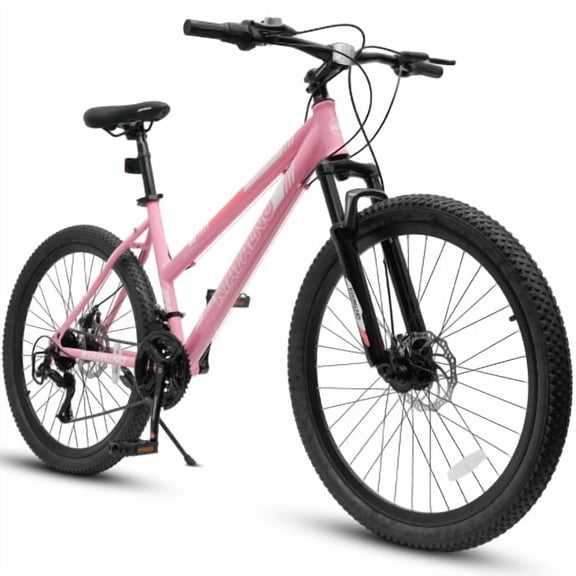 RAISTYW Women's Mountain Bike, 24/26 inch Low Step‑Through High‑Carbon Steel Frame Mountain Bicycle with 21‑Speed Twist Shifter, Pink