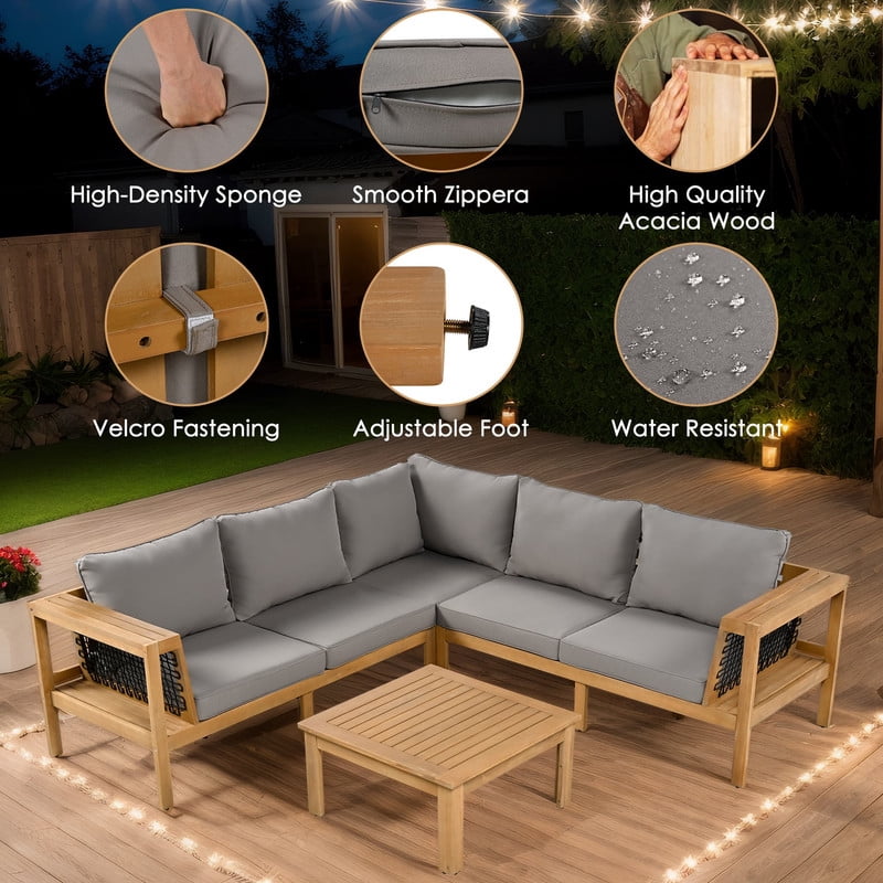 4 Pieces Outdoor Acacia Wood Sectional Sofa Set with Cushions & Coffee Table, Patio Furniture Set with Woven Mesh Armrests and Side Table