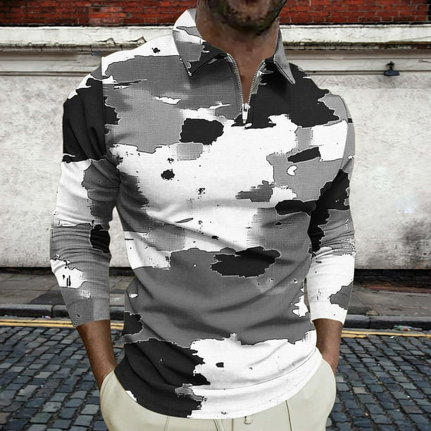 Blusa y camisa de manga larga con cuello vuelto para hombre, jersey de solapa con cremallera y manga larga, blusa informal estampada para San Valentín, poliéster para hombre