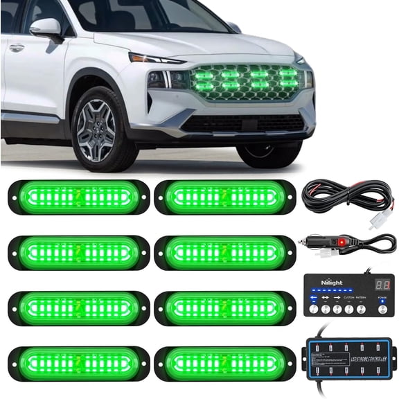 Nilight 8PCS Led Strobe Lights with Controller 12V 24V Sync Feature Green Strobe Light 12 LED Surface MountWarning Lights with Strobe Controller for Vehicle Car Truck RV ATV