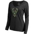 thumbnail image 2 of Women's Black Milwaukee Bucks Midnight Mascot Long Sleeve V-Neck T-Shirt, 2 of 3