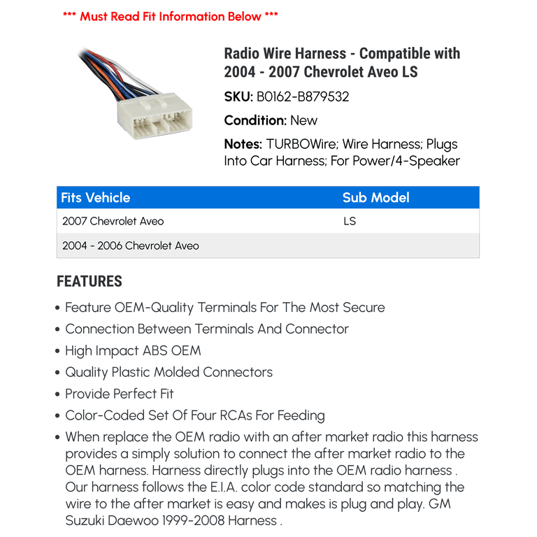 IMC Audio Wire Harness For 2004-2006 Chevrolet Aveo – Aftermarket Stereo Installation