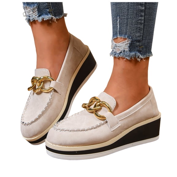 Rokment Women's Platform Wedges Oxfords Penny Loafers Walking Shoes 2026 Spring Fall Trendy Casual Leather High Heel Slip on Dress Shoes with Metal Chain Beige Size 6.5