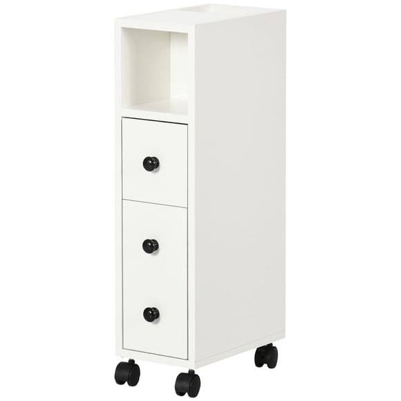 Slim White Bathroom Cabinet with Wheels - Narrow Storage Cabinet with Drawer & Shelves for Small Bathrooms, 27" High