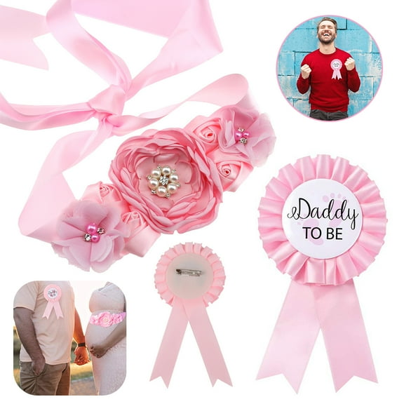 EIMELI Pink "MOTHER-To-Be" Sash And "DADDY To Be" Badge Corsage Set For Baby Girl Shower Party Pregnant Woman Belly Flower Belt Maternity Decoration Keepsake And Gift