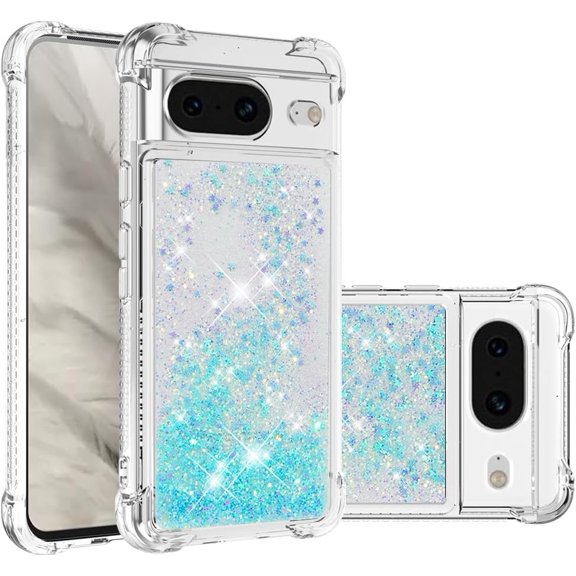 Compatible with Google Pixel 8 Liquid Case Glitter Cute Clear Phone Case Shiny Floating Quicksand Shockproof Protective Bumper Soft TPU Girly Women Case for Google Pixel 8 5G Star Blue YB