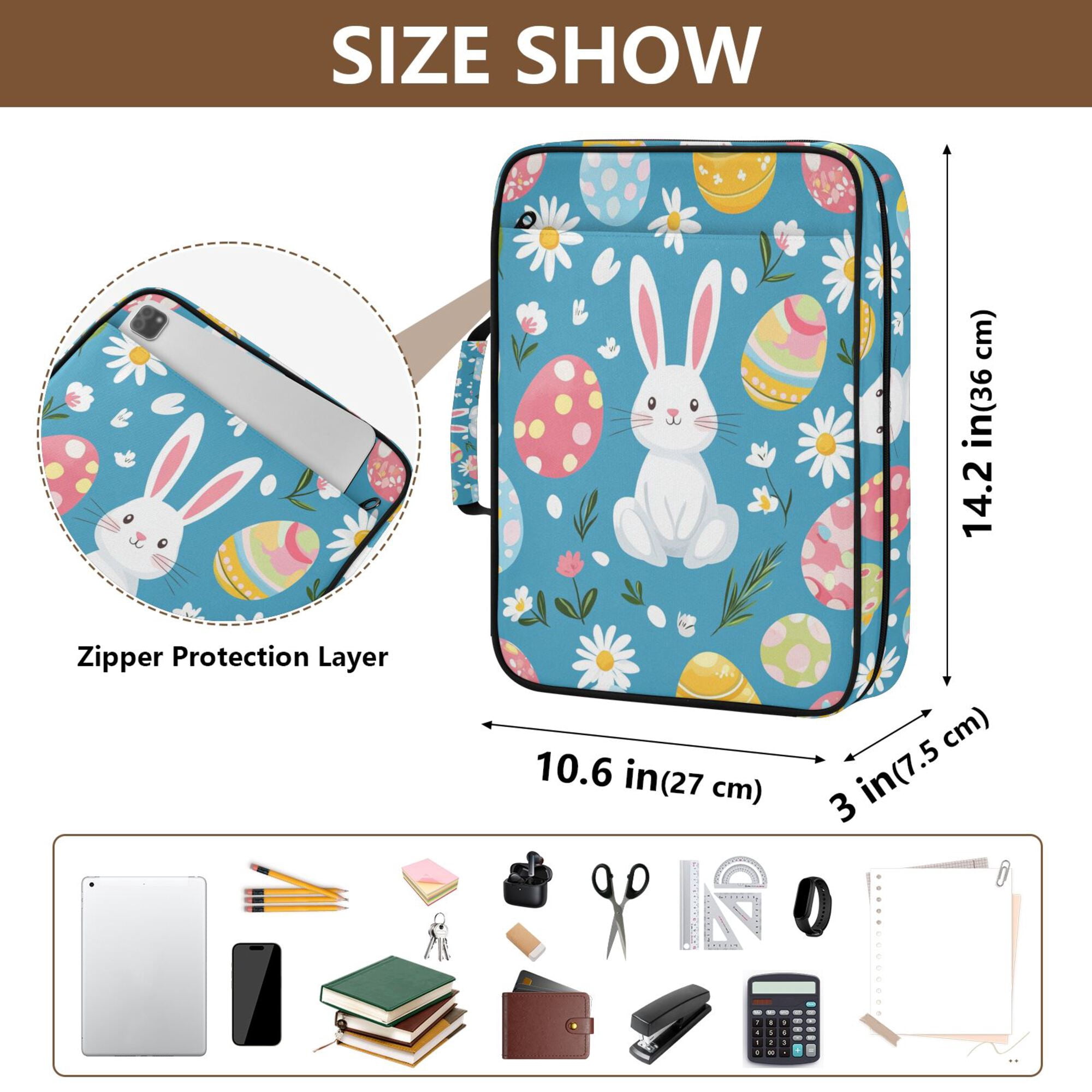 FORMRS Accordion File Folder A4 Size 7-Pocket Expanding Document Organizer Bag with 3 Ring Binder, Blue Easter Bunny