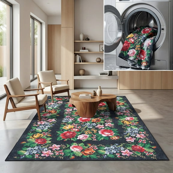 SAFAVIEH Journey Marvyn Floral Machine Washable Area Rug, Charcoal/Green, 6'7" x 6'7" Square