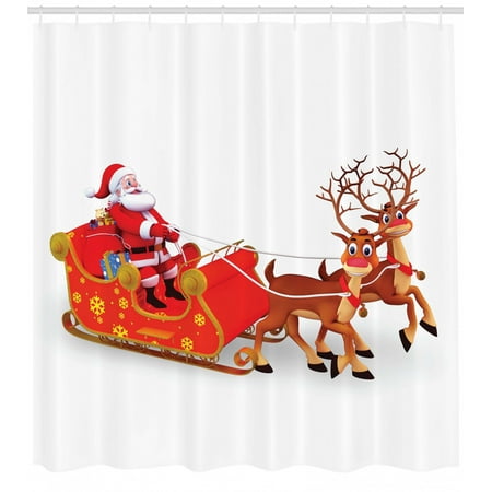 Santa Bathroom Set Santa Shower Curtain, Funny Cute Cartoon Style Reindeer Santa Claus with a Big Smile and Surprise Boxes, Fabric Bathroom Set with Hooks, 69W X 84L Inches Extra Long, Multicolor, by Ambesonne ()