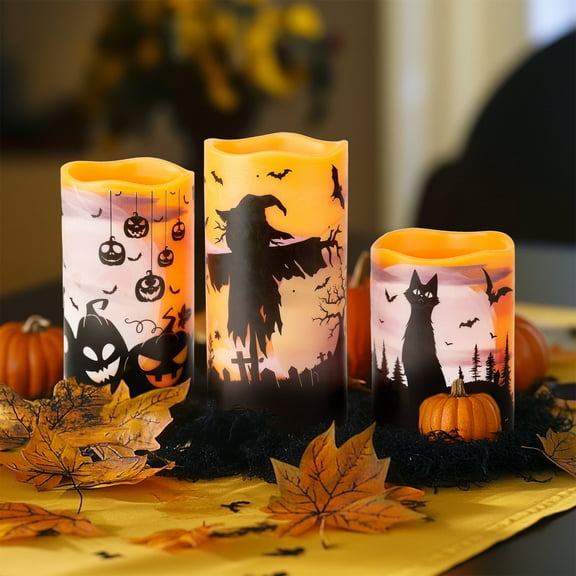 WYZworks Halloween LED Candles Set of 3 - Flickering Flameless Pillar Candles with Timer - Spooky Silhouette Designs - Battery Operated - 4", 5", 6" Heights for Halloween Decorations