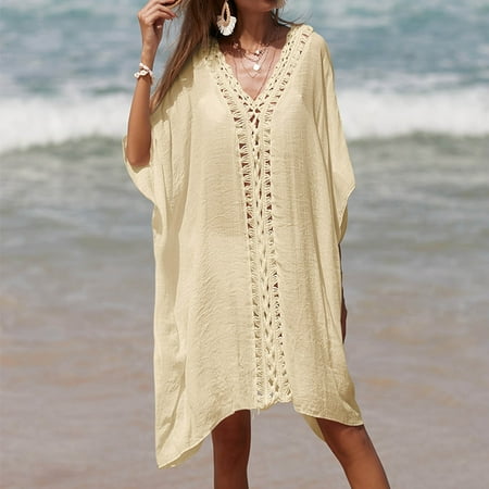 WMTBSRSW Women s Swimsuit Cover Up 3/4 Sleeve Beachwear Bikini Coverups Hollow out Oversized Cover Up Shirt Free Size Clearance