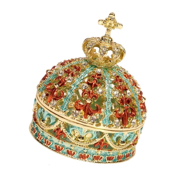 Ornate Crown Storage Box, Metal Jewelry with Color Detail for Vanity, Dresser and Shelf Accent Piece