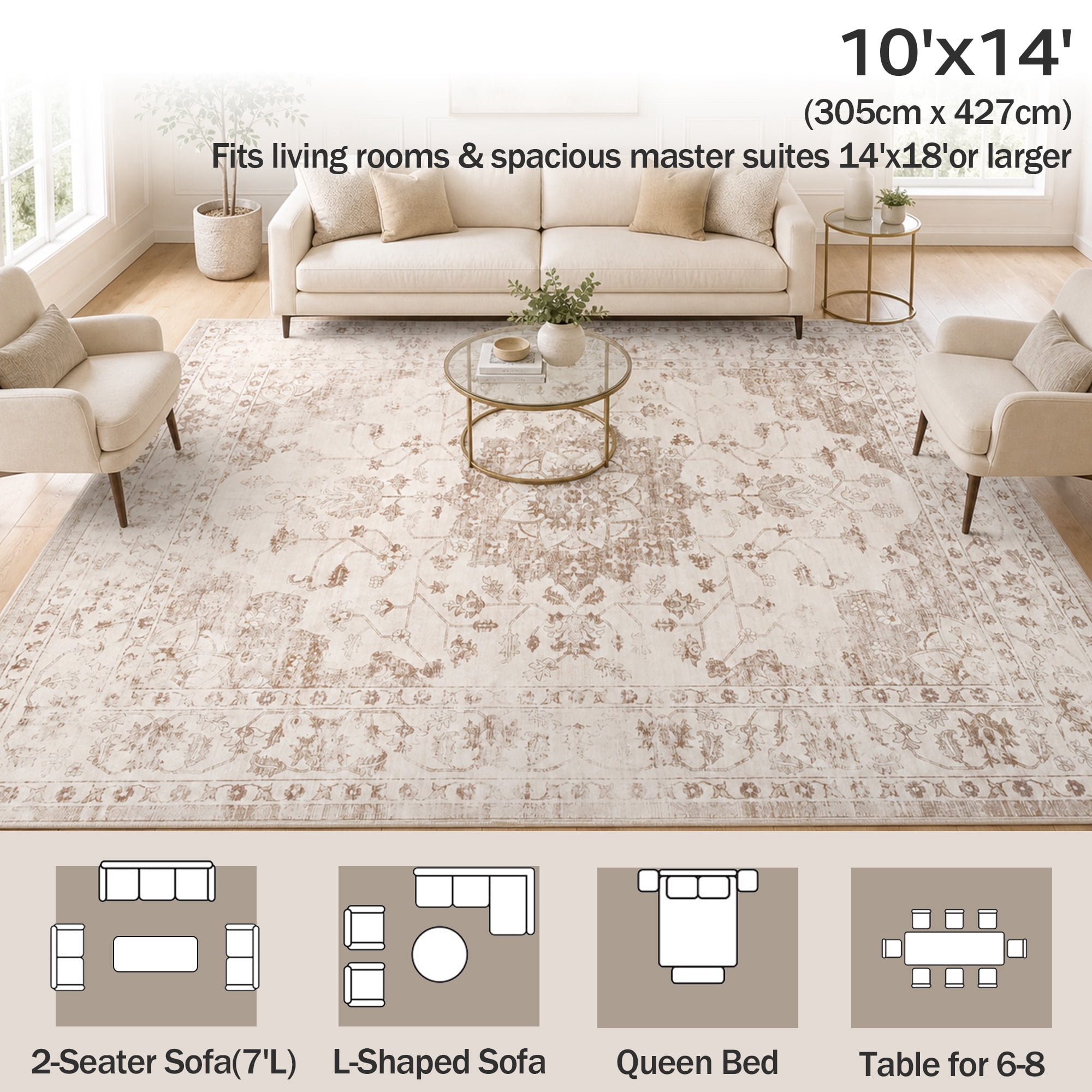 Prilinex 10x14 Area Rug, Washable Rugs for Living Room, Vintage Beige Carpet with Non-Slip & Stain Resistant, Farmhouse Soft Large Rugs for Bedroom Dining Room Kitchen