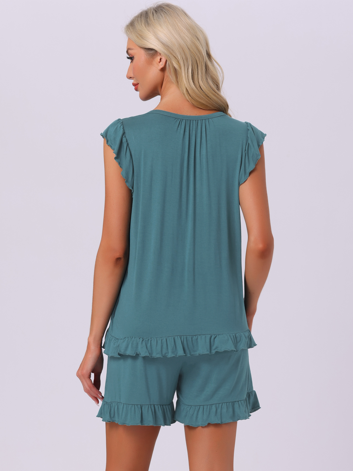 DARING DIVA Ruffle Trim Cap Sleeve Lounge Tops Shorts Pajama Sets 3XL Peacock Green