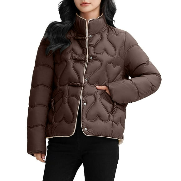 DondPO Women Winter Coats Women Quilted Jackets Winter Long Sleeve Stand Neck Lightweight Puffer Jacket Outerwear Puffer Coat Women Puffy Jackets Women Brown 2XL Clearance!
