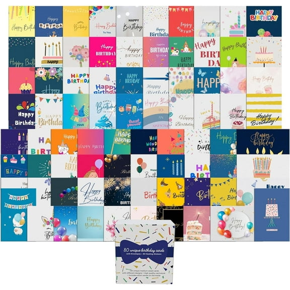 Dessie 80 Happy Birthday Greeting Cards with Unique Designs and Birthday Wishes, 4” x 6”