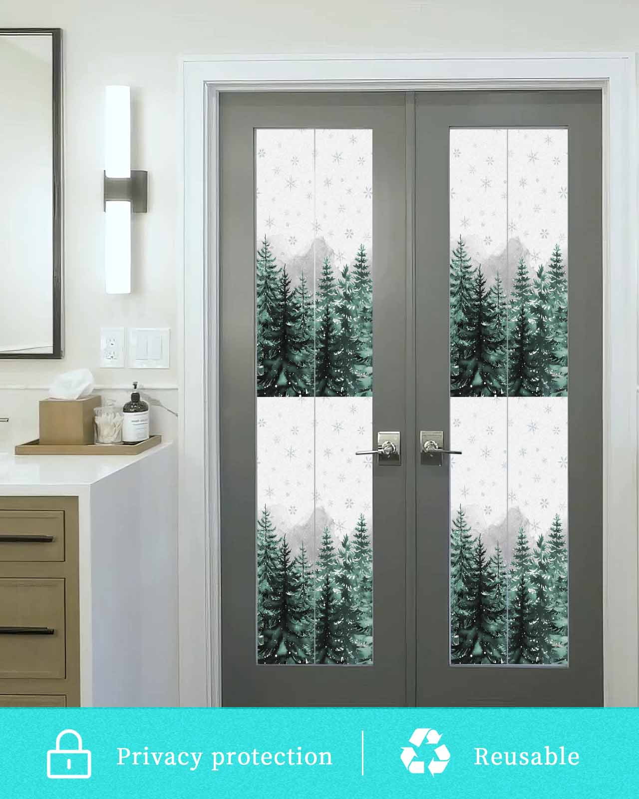 Green Christmas Tree Window Privacy Film Stained Glass Window Film Decorative Windows Cover Static Windows Cling for Glass Door Xmas Snowflake Forest Stickers for Bathroom 17.7"x78.7"