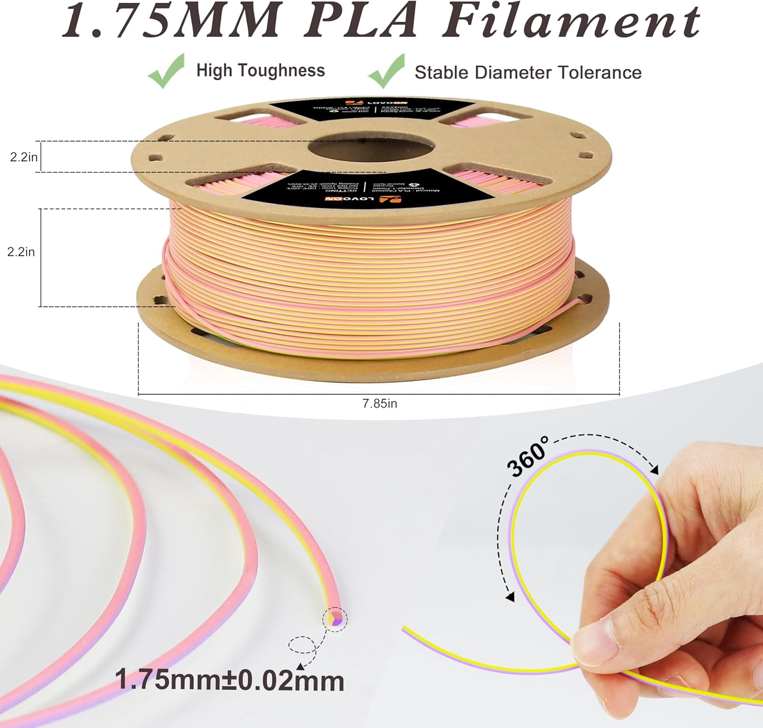 Matte Tricolors PLA 3D Printer Filament Multi-Color Changing by Angle Rainbow PLA 3D Printing Filament Fit Most 3D Printers/3D Pens,Matte Purple/Pink/Yellow,1KG(2.2lbs)/Spool