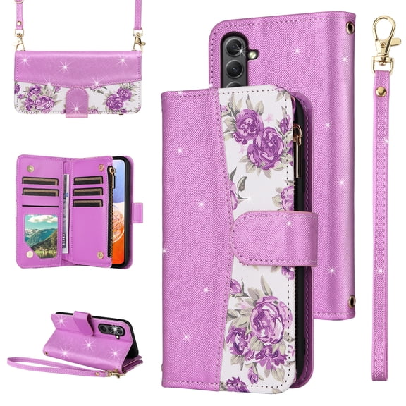 Furiet for Samsung Galaxy A37 5G Floral Wallet Case with Flip Zipper Purse Wrist/Shoulder Strap Luxury Glitter PU Leather Card Holder Stand Accessories Cell Phone Cover for A 37 37A 4G Women Purple