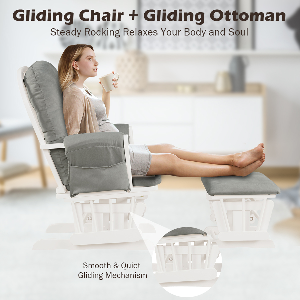 Infans Glider & Ottoman Cushion Set Wood Baby Nursery Rocking Chair Light Grey