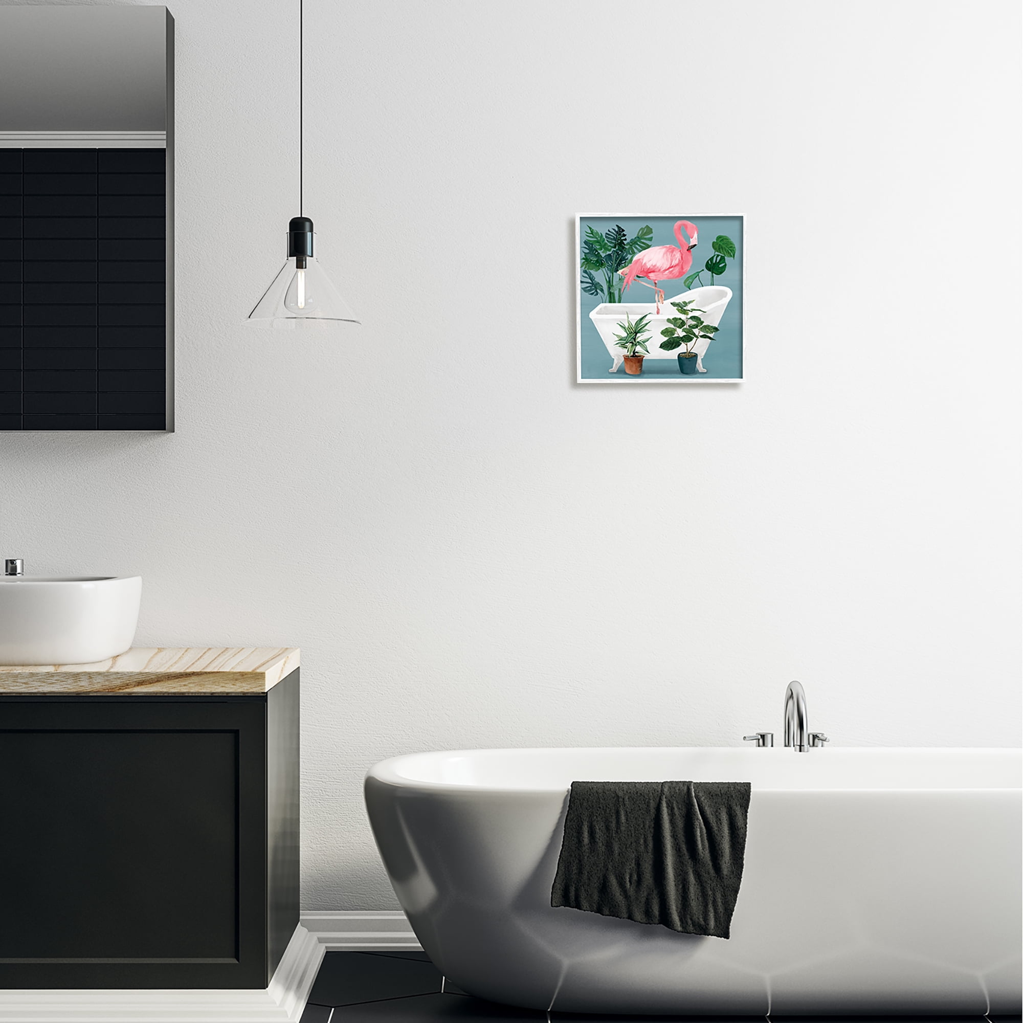 Stupell Industries Botanical Flamingo Bathroom Animals & Insects Painting White Framed Art Print Wall Art, 12 x 12