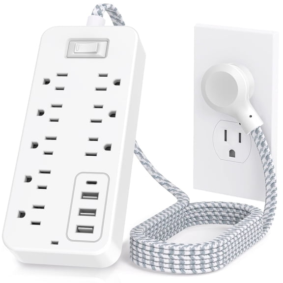 Surge Protector Power Strip with USB Ports & 5-Foot Extension Cord - 8 Outlet for Indoor/Office Use, White