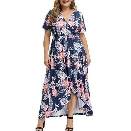 

cllios Women s Summer Dress 2023 Print Maxi Dress Short Sleeve A Line Dress Crew Neck Plus Size Dress for Beach Vacation